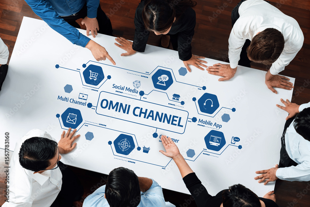 Poster a group of business professionals engages in a collaborative meeting, analyzing an omni-channel stra