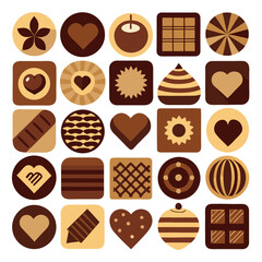 Grid of 20 Chocolate-Themed Icons – Vector Set Featuring Assorted Chocolate Designs Including Bars, Truffles, Cocoa, and Swirls – Minimalist Sweet Treat Illustrations on White

