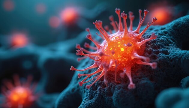 Illustration of cancer cell in body. Medical concept of cancer. Malignant tumor, virus, disease, biology, oncology. Red, orange, blue colors. Health, science, medical research, biotechnology theme.