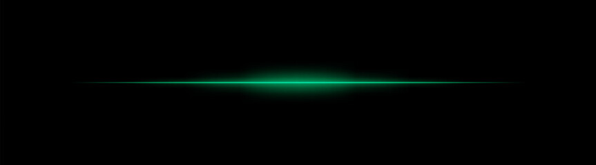 Thin green laser beam across dark background with glowing center. Minimalistic horizontal light effect with sharp gradient and smooth fade at edges.