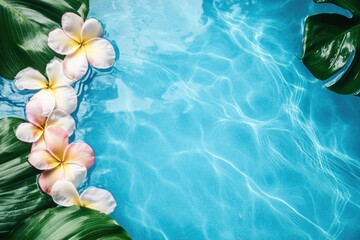 Top view of frangipani flowers and tropical monstera leaves floating on clear blue pool surface. Refreshing summer background, for vacation themes, wellness concepts, and tropical spa advertising