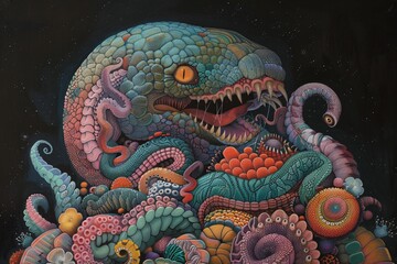 Obraz premium Colorful, abstract creature with a serpent-like head, surrounded by vibrant tentacles and oceanic patterns.
