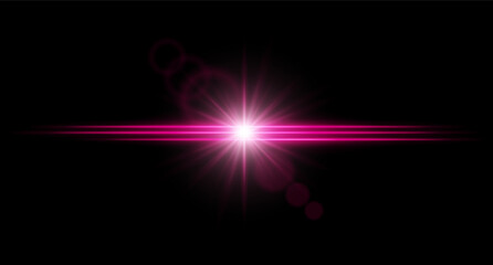 Bright color flare with radiant burst and lens rings on dark background. Light explosion with intense horizontal beams.
