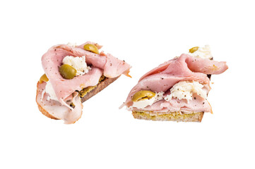 Bruschetta with Prosciutto Cotto ham, burrata mozzarella and olives isolated on white background. top view