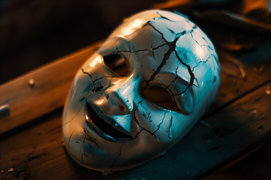 A damaged and cracked ceramic mask with a smiling expression sits on weathered wooden boards. The scene is lit with an eerie combination of orange and blue, enhancing the mood of mystery. - Powered by Adobe