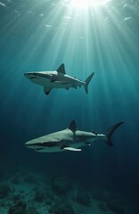 Obraz premium Two sharks swim ocean water. Sunlight rays penetrate deep blue sea, creating underwater landscape. Marine animals glide, creating dynamic nature scene. Wildlife, marine life in open water, deep