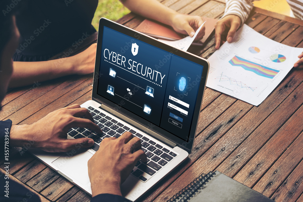 Poster cyber security system on computer screen protect private information snugly from hacker and cyber at