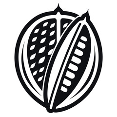 Black Line Vector Icon of a Split Open Cocoa Bean Pod – Minimalist Outline Illustration Showing Seeds – Monochrome Symbol for Chocolate, Farming, or Organic Food Concepts