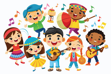 Fototapeta premium Happy cartoon children playing with balloons and toys, a fun illustration for kids