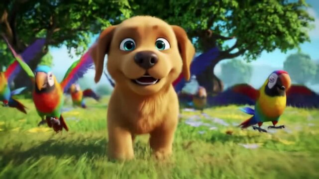 Cute cartoon puppy running through vibrant meadow with colorful parrots. concept of joyful animal, playful scene, happy outdoor adventure. Animation