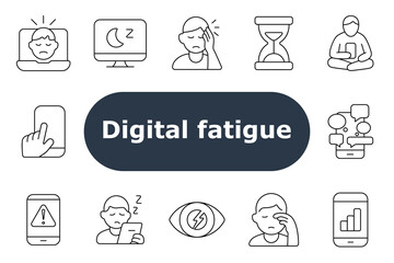 Digital fatigue set icon. Tired face, night screen, headache, time on screen, tablet use, alert notification, sleeplessness, eye strain, mobile apps, overload, chart stats, digital stress.