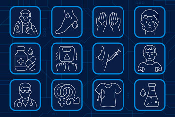 Hyperhidrosis set icon. Sweaty man, wet feet, moist palms, sweating face, medicine, shaking scale, injection, shirt patch, doctor, gender symbols, wet armpits, chemical bottle.