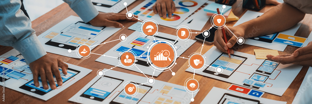 Poster Collaborative Management Strategy Session with Digital Charts and Data Analysis Concepts Shown on Table for Business Planning and Decision Making. Amity