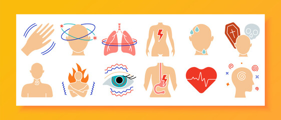 Digestive discomfort set icon. Burning sensation, nausea, toilet vomiting, intestine inflammation, fatigue, ear ringing, stethoscope, trembling hand, and acid reflux in simplified visuals.