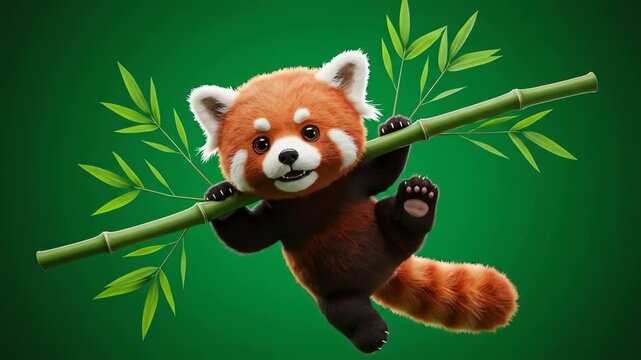 A red panda cub hangs from a bamboo branch against a solid green background