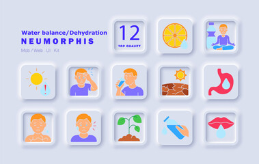 Water balance set icon. Dehydration symptoms, dry skin, sweating, thirst, heatstroke, digestion, water intake, nutrition, dry soil, lips, meditation, hydration, plants, fatigue.