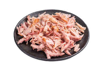 Spicy shredded or Pulled Chicken meat on plate isolated on white background
