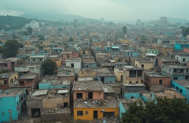 Overview Port Au Prince, Haiti, city after devastating earthquake. Colorful houses, destroyed buildings, rubble, poverty, crisis. Natural disaster aftermath, urban landscape, poor conditions. Focus