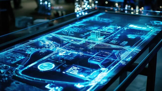 Interactive holographic city map displayed on a glass table