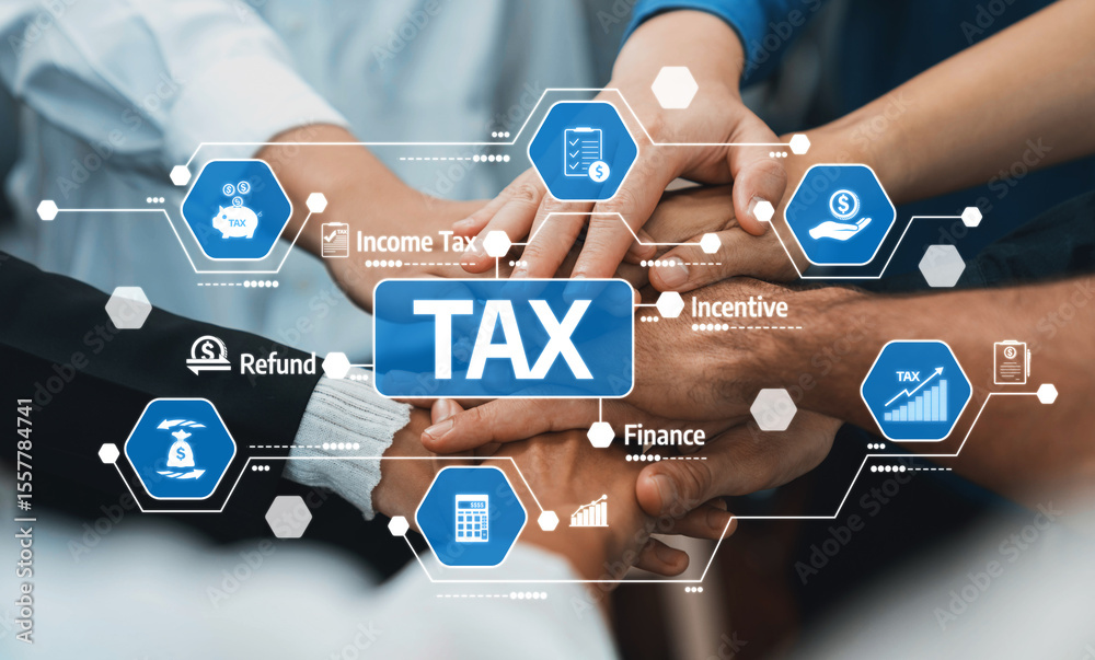 Poster this image captures a collaborative approach to taxation, featuring hands together surrounded by dig