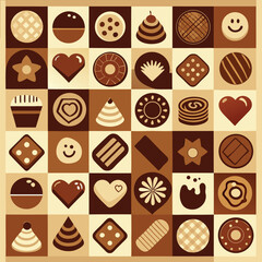 Grid of 20 Chocolate-Themed Icons – Vector Set Featuring Assorted Chocolate Designs Including Bars, Truffles, Cocoa, and Swirls – Minimalist Sweet Treat Illustrations on White

