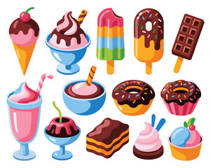 Colorful Collection of Ice Cream, Popsicles, Donuts, and Milkshakes in Flat Design Style – Fun Summer Treats and Sweet Dessert Icons