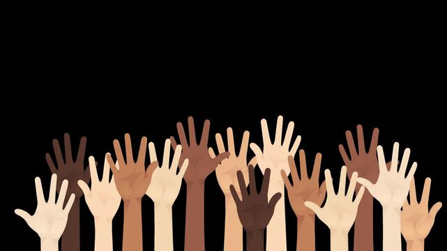Animation of raising diverse hands up with different skin color. 2D animation with transparent background alpha channel	