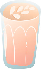 Glass of latte with milk foam art on top, light brown color, smooth texture, served in transparent glass cup
