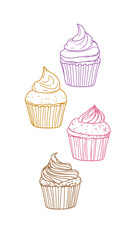 Cupcakes illustration set line art. Sweet desserts pastries bakery confection sketch. Food cafe restaurant menu design. Outline vintage white background vector