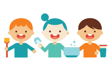 Daily routine icon set of kids brushing teeth colorfull Vector illustration