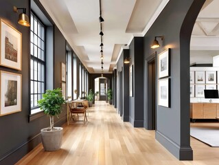 Stylish hallway featuring dark walls, wooden flooring, art displays, and lush plants