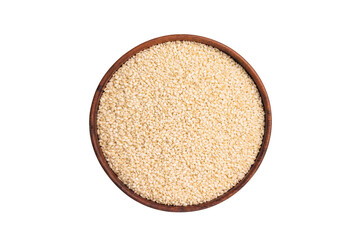 White sesame seeds in a bowl isolated on white background. top view