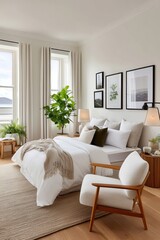 Bright contemporary bedroom interior with white decor and green indoor plants