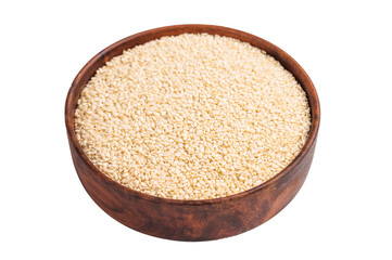 White sesame seeds in a bowl isolated on white background. top view