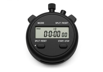 Black digital stopwatch with clear display and multiple buttons for timing functions