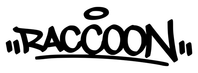 Graffiti tag of “Raccoon” in bold black urban style. A mischievous and cool animal design great for edgy designs, stickers, or youth-focused artwork. © dirtyfellas