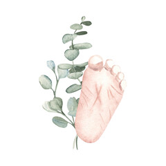 Baby Foot Sole with eucalyptus branches. Hand drawn Watercolor composition of Newborn chubby Heel isolated on a white background. For Baby shower, Christening and Gender Party Cards and Invitations.