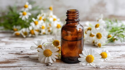 Amber glass bottle of chamomile essential oil surrounded by fresh daisy flowers on rustic wood