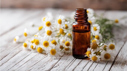 Amber glass bottle of chamomile essential oil surrounded by fresh daisies on a wooden surface