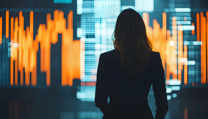 Silhouette woman stands before futuristic backdrop of financial data streams. Stock market charts, representing trading, investment, digital analysis, business