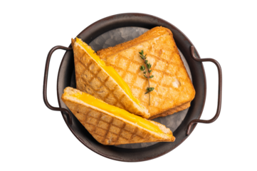 Toasted sliced cheese sandwiches isolated on white background. top view