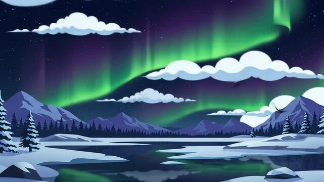 A snowy landscape with mountains aurora and a lake under a starry night sky