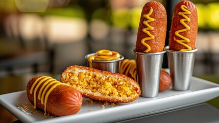 Mini corn dogs appetizer with cross-section view displaying cornmeal coating and hot dog filling on white platter with mustard sauce decoration