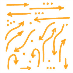 Obraz premium Hand-drawn orange arrows and dots on white background. Abstract sketch for flow, direction, and motion concepts.