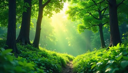 Obraz premium Serene Sunlight Dappling Through Lush Green Forest Foliage Peaceful Nature Background Perfect for Ecology and Environmental Projects