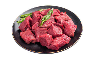 Diced Raw Boar meat, fresh Game Meat in a plate Isolated on white background. top view