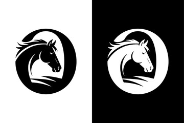 Elegant Horse Silhouette within Letter O Logo with white background.