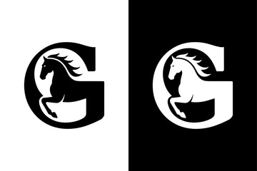 Horse Head and Letter G Logo in Black and White . G Icon on White Background Vector Art Illustration on white background.