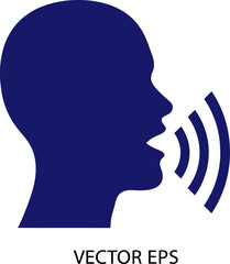 Blue silhouette depicts a human head vocalizing with sound waves, representing speech and communication technologies.