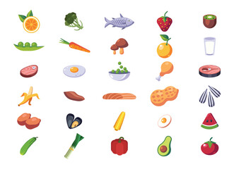 Vibrant flat-lay healthy food icons: diverse diet illustration